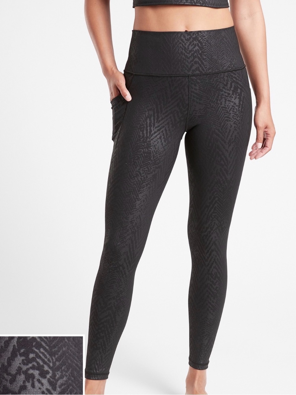 Athleta High-Waist Stash Black Embossed Textured Leggings with Side Pocket
